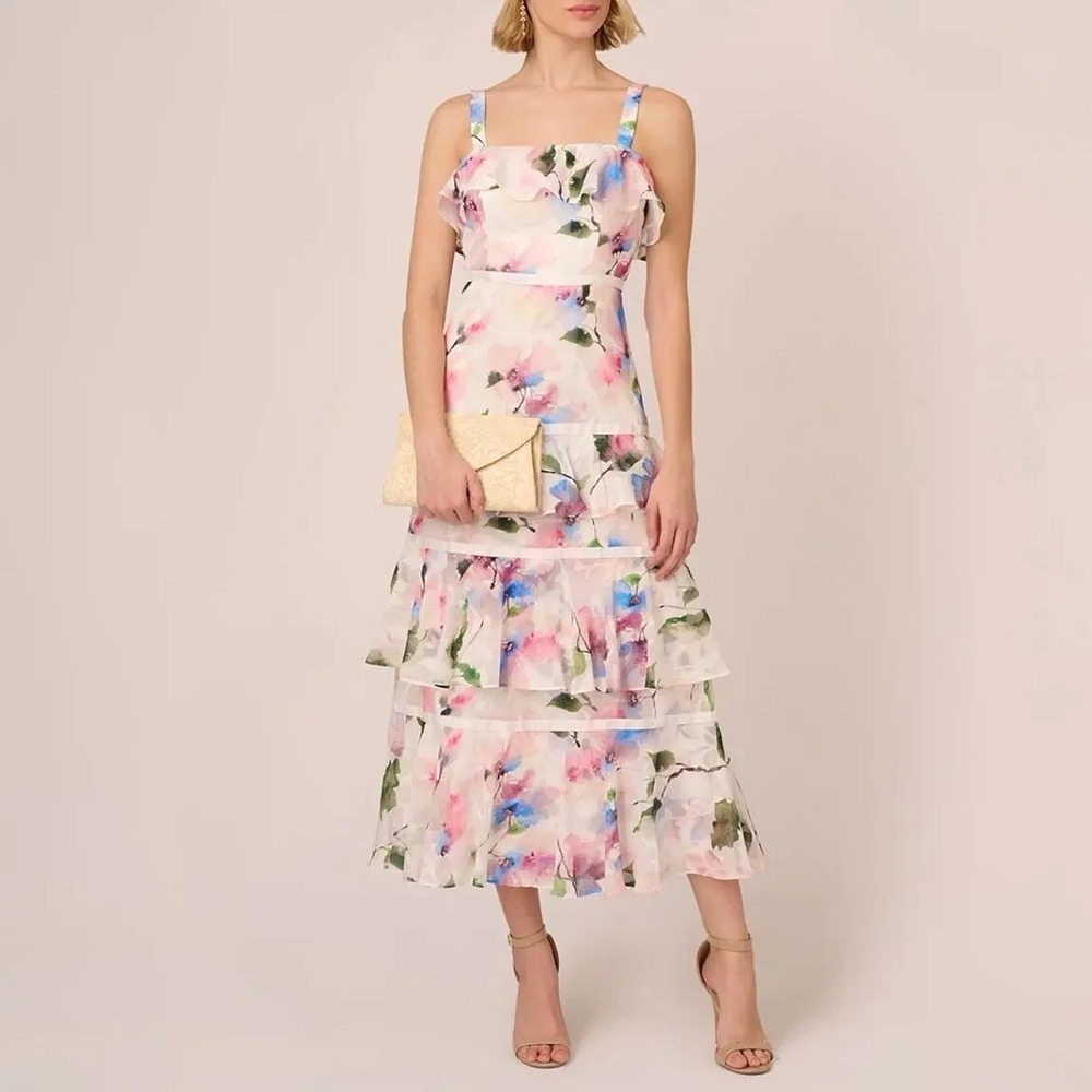 Adrianna Papell Sleeveless Floral Chiffon Tiered Cocktail Dress 2 Wedding Guest